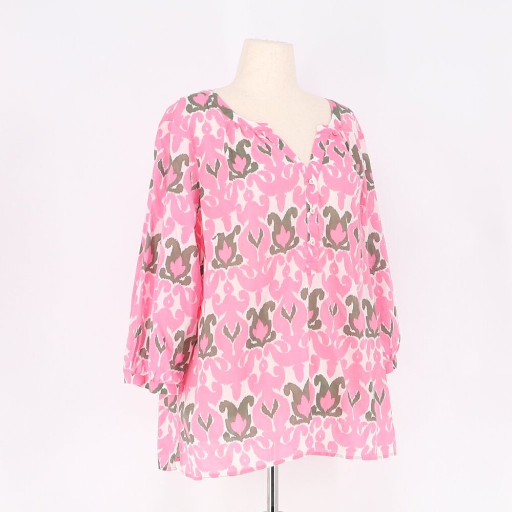 TALBOTS Ikat Medallion Split Neck Popover Shirt Aurora Pink Plus Size 2X - Picture 2 of 6